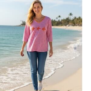 Quacker Factory Womens Striped Starfish 3/4 Sleeve Tee Pink White Orange NEW